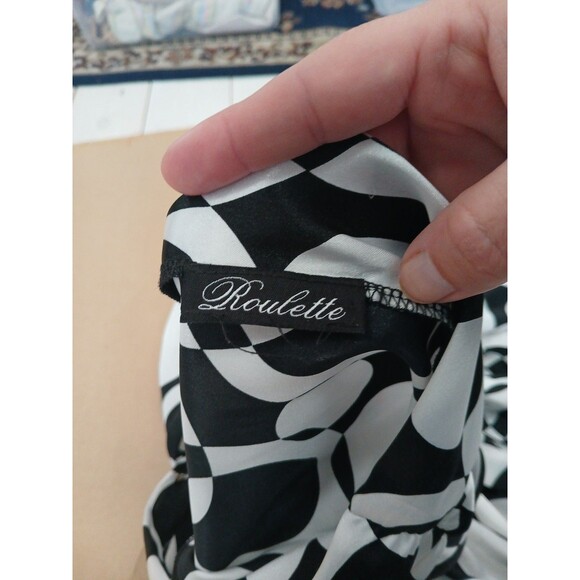 Roulette Satin Dress Black & White Retro Knee Length V Neck - Picture 6 of 6